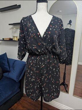 SHEIN Black Floral-Print Wrap Romper with Rust & Cream Accents